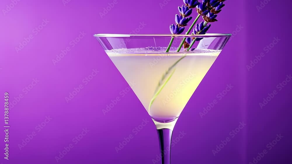 Elegant cocktail garnished with lavender sprig in evening light, Elegant martini glass with lavender sprig and cocktail against purple gradient background Elegant cocktail garnished with lavender sprig in evening light, Elegant martini glass with lavender sprig and cocktail against purple gradient background