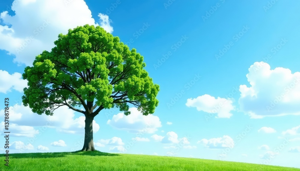 Fototapeta premium Tree against clear blue sky with fluffy white clouds, nature, empty, isolated