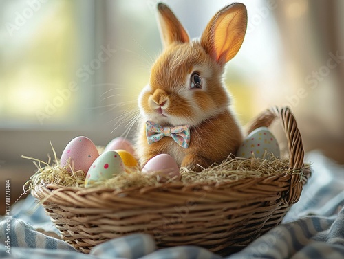 Cute bunny with Easter eggs. AI.