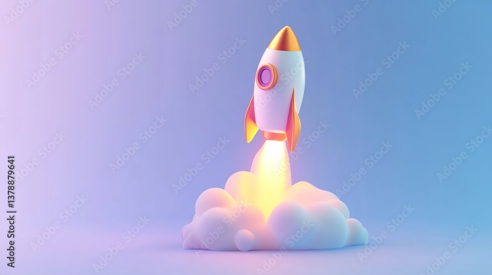 Colorful rocket launching from clouds in blue and pink gradient sky Colorful rocket launching from clouds in blue and pink gradient sky