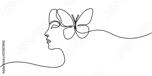One line drawing abstract woman face, ginkgo biloba leaf, flower. Modern single line art, female portrait, aesthetic contour, Continuous Line Drawing of Woman Face and Butterfly, Fashion Minimalist.