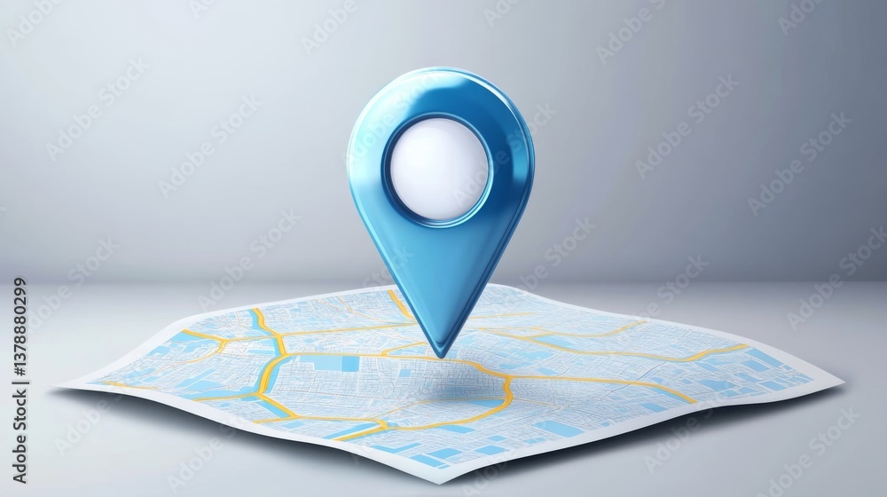 Blue map pin icon on folded city map with streets and buildings