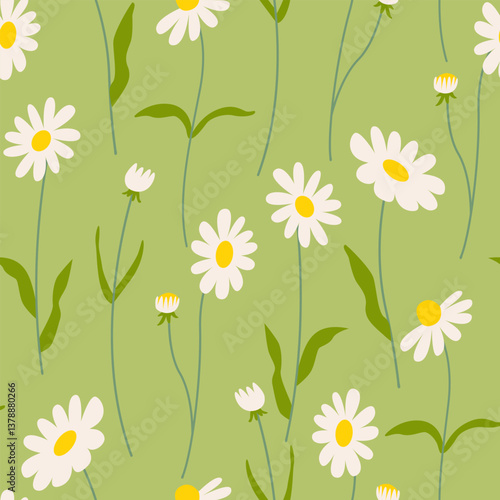 Spring seamless pattern with chamomile flower branches and leaves. Botanical blossom vector flat background. Floral wallpaper for textile, fabric design, fashion and other surfaces