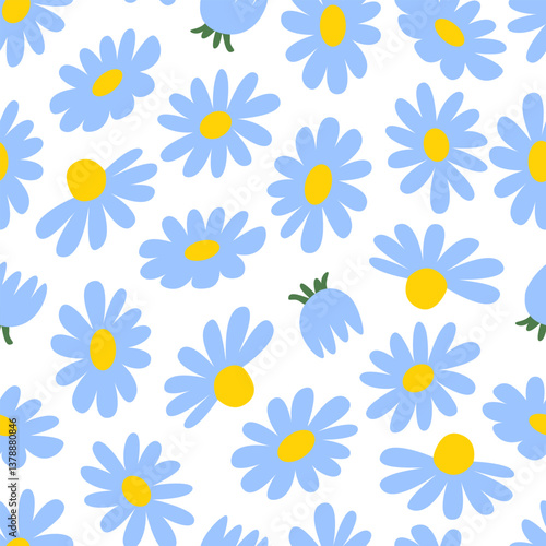 Floral seamless pattern with blue chamomiles. Vector flat botanical illustration. Cute daisy flowers