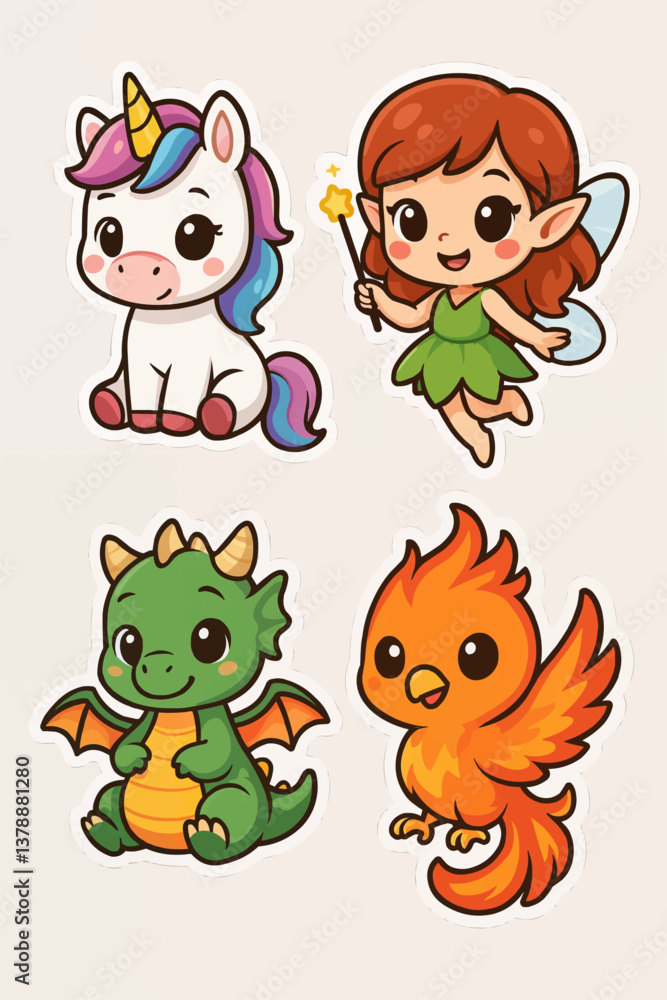Obraz premium Set of cute cartoon fantasy characters featuring a unicorn, a fairy, a dragon and a phoenix, illustrated in a playful and colorful sticker style for children, magic and education use