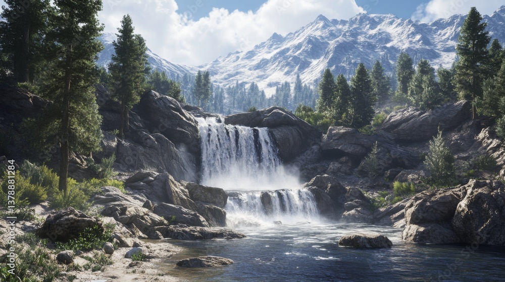Majestic mountain waterfall cascading amidst lush pine trees and snowy peaks Majestic mountain waterfall cascading amidst lush pine trees and snowy peaks