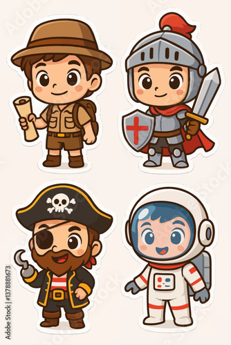 Collection of four cute chibi-style cartoon stickers featuring an explorer, a knight, a pirate and an astronaut, designed with vibrant colors and minimalist background for children