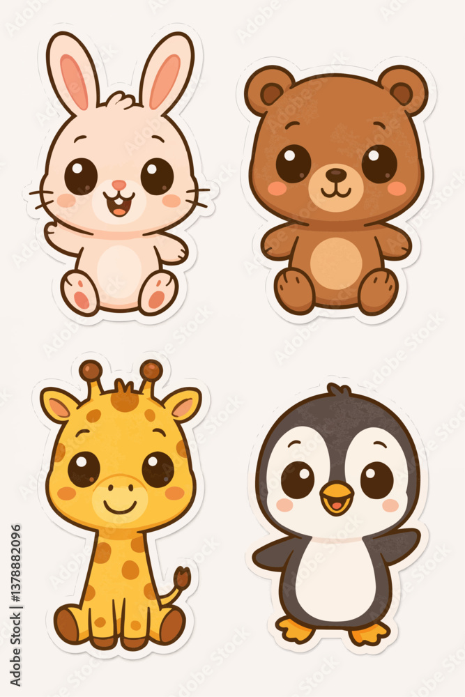 Obraz premium Set of cute cartoon animal characters including a bunny, a bear, a giraffe and a penguin, illustrated in a playful and colorful sticker design for children, fun and education purposes