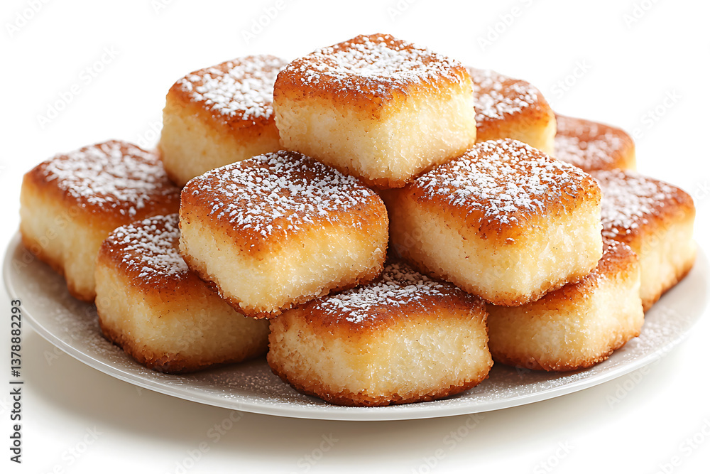 Pile of square golden pastries dusted with powdered sugar served on a white plate appetizing and ready to eat. Pile of square golden pastries dusted with powdered sugar served on a white plate appetizing and ready to eat.
