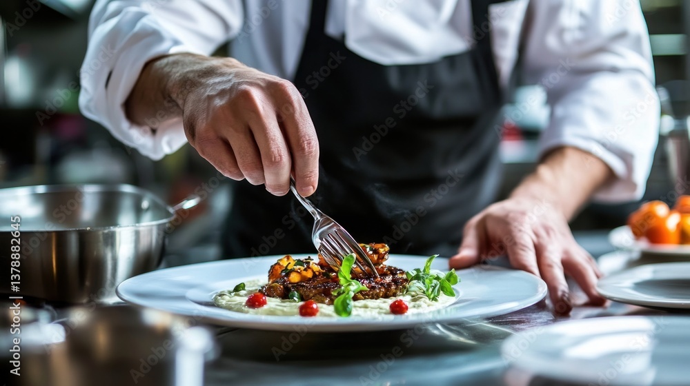 Expert chef meticulously arranges a gourmet dish in a professional kitchen setting Expert chef meticulously arranges a gourmet dish in a professional kitchen setting