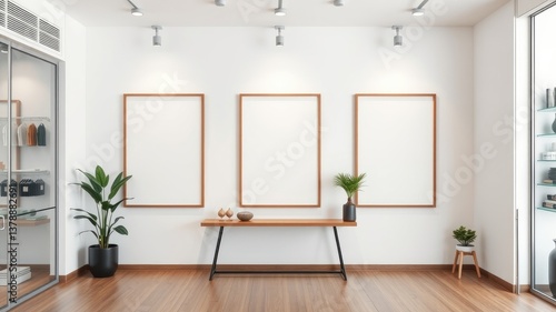 Minimalist Interior Design Three Empty Frames Above a Console Table with Plants and Decor