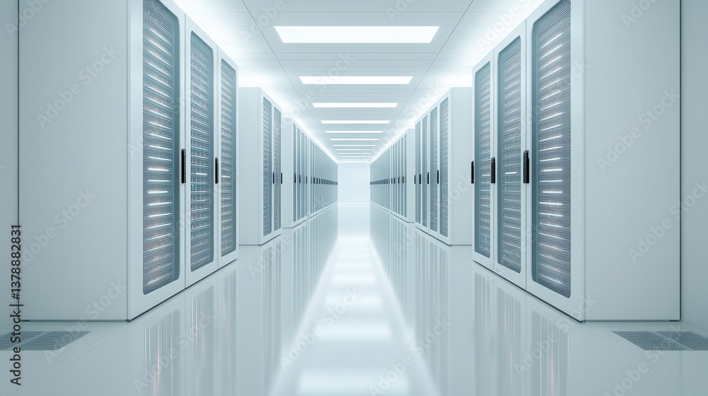 A sleek, modern data center with rows of server racks, illuminated by bright overhead lighting, creating a futuristic and organized environment. A sleek, modern data center with rows of server racks, illuminated by bright overhead lighting, creating a futuristic and organized environment.