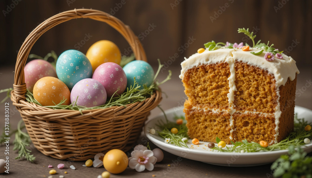 A basket of colorful Easter eggs next to a carrot cake A basket of colorful Easter eggs next to a carrot cake