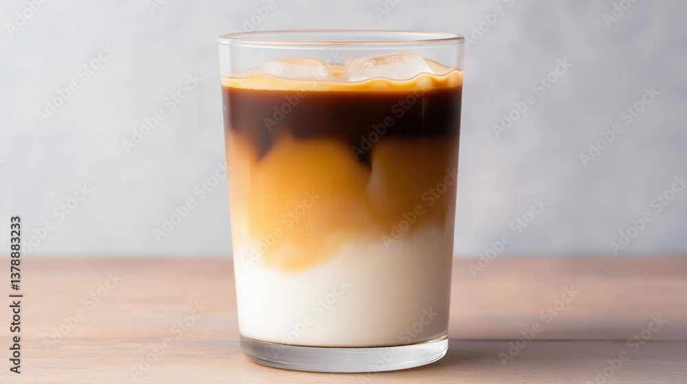 Close-up of a tall glass filled with a drink. the drink appears to be a iced coffee or latte, with a dark brown color and a creamy white base. Close-up of a tall glass filled with a drink. the drink appears to be a iced coffee or latte, with a dark brown color and a creamy white base.