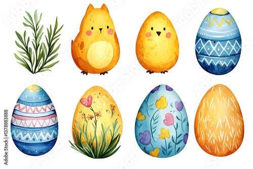 Watercolor illustration featuring decorated Easter eggs chicks a bunny and greenery.