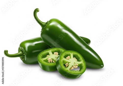 Close up of green jalapeño peppers with stems and seeds on a white background in studio light on transparent background