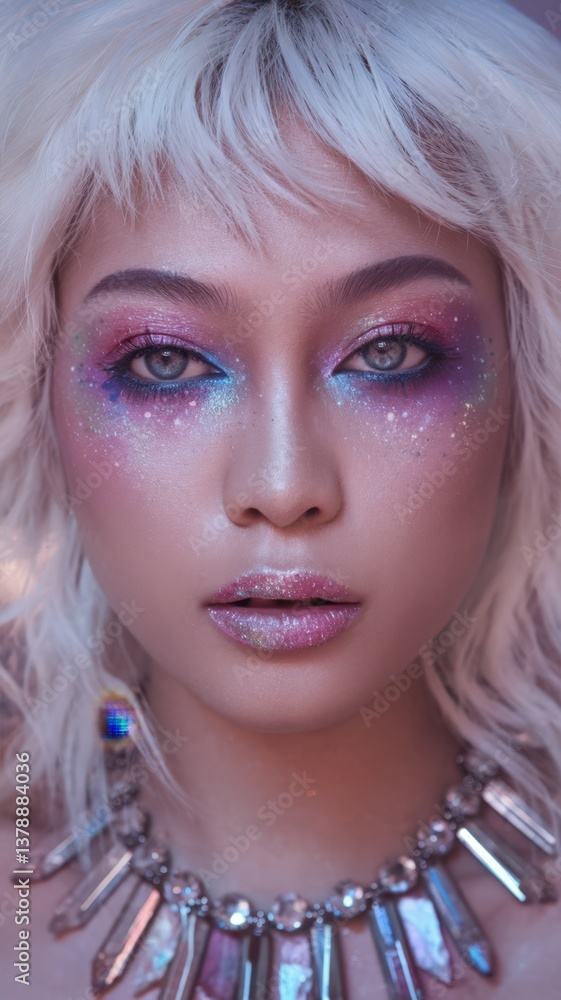 Fototapeta premium Stunning close-up portrait of a woman with glittery makeup and a stylish necklace