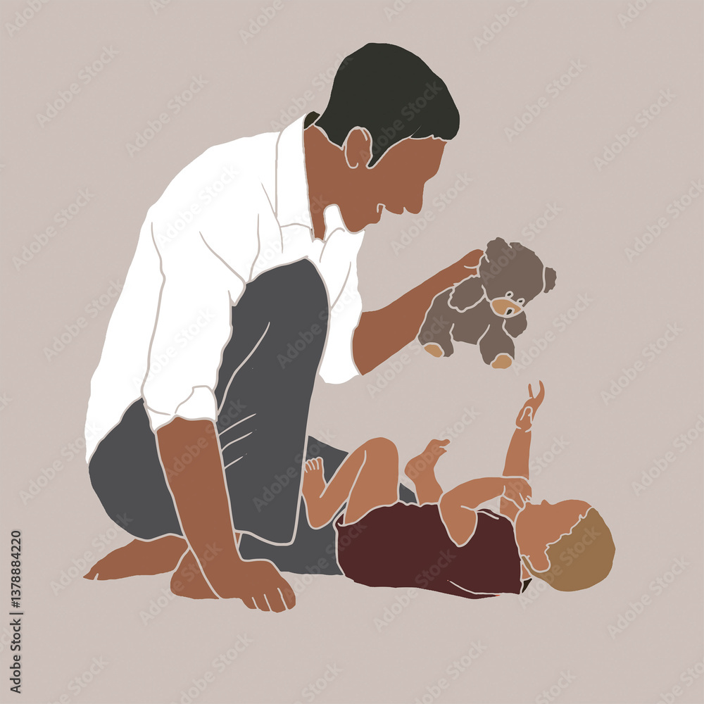 Obraz premium Freehand illustration of a Father playing with his Son in a flat style in beige tones. Hand drawn postcard, background for Father's Day