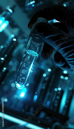 Futuristic Biotechnology Innovation: Scientist Holding Glowing Vial in Advanced Laboratory