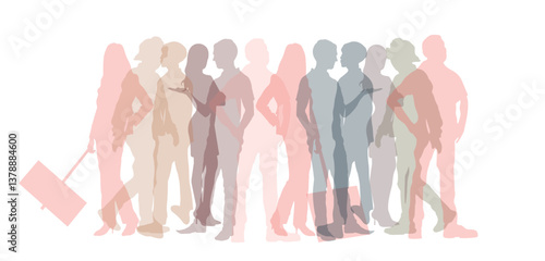 Side silhouettes of men and women. Crowd protesting against racism.