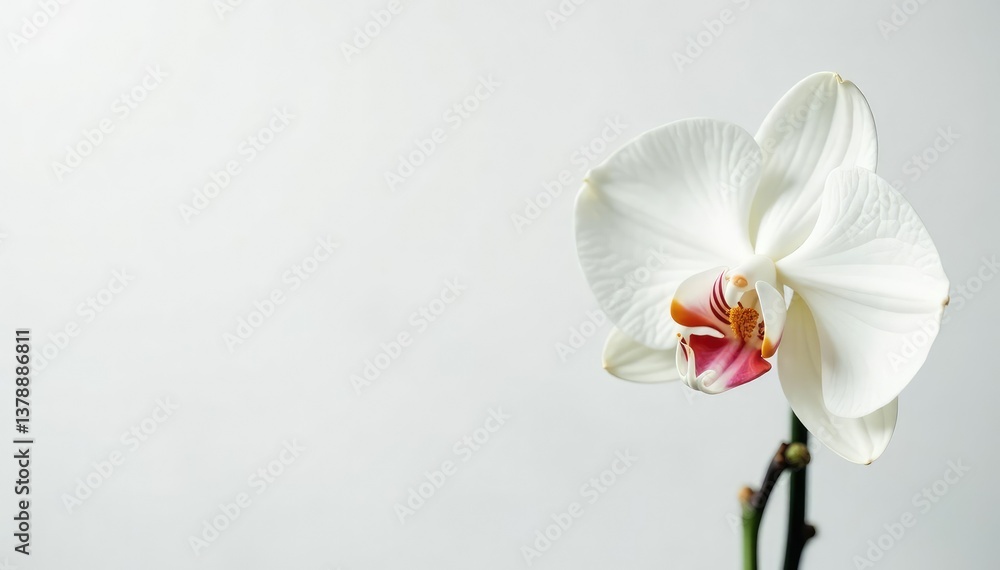 Obraz premium Delicate white orchid blossom against pure white backdrop, still life, soft