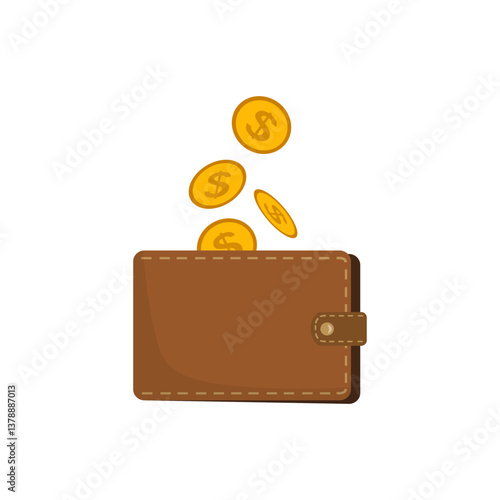 Brown money wallet or purse full of golden coins. Creative financial concept of wealth, rich or savings. Simple trendy cute cartoon object vector illustration.