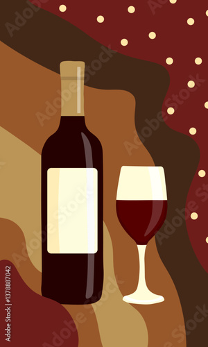 A bottle of red wine and a filled glass in flat style. Vector illustration on brown background
