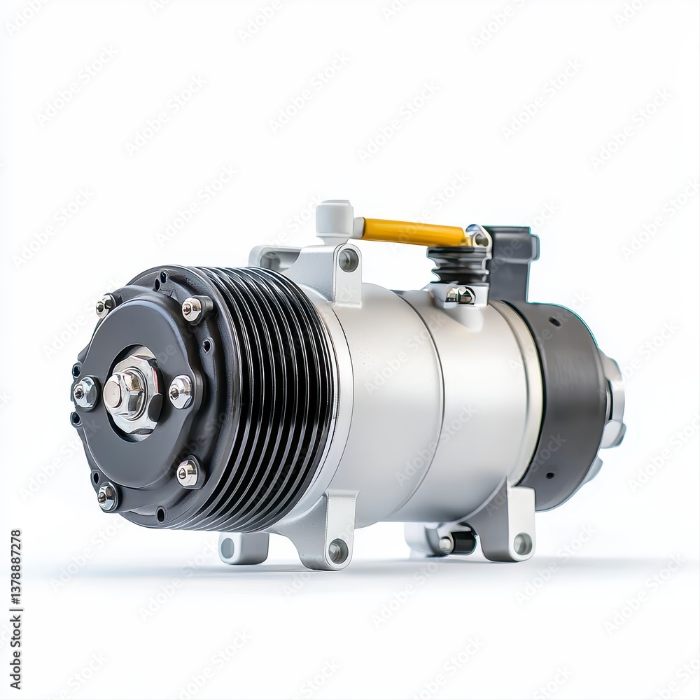 Close-up view of a detailed silver and black automotive air compressor unit with ribbed casing and mechanical components showcasing its craftsmanship Close-up view of a detailed silver and black automotive air compressor unit with ribbed casing and mechanical components showcasing its craftsmanship