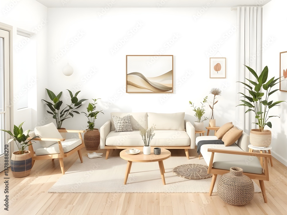 Fototapeta premium Minimalist Scandinavian living room with a neutral color palette, wooden furniture, natural décor, indoor plants and modern accents