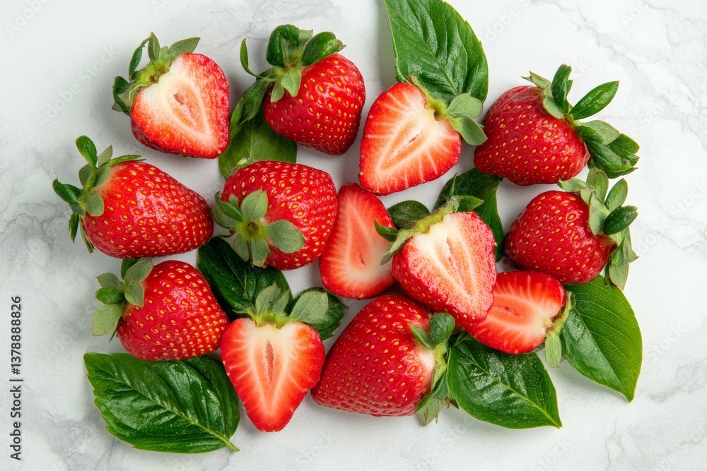 Fresh strawberries and green leaves on marble surface Fresh strawberries and green leaves on marble surface