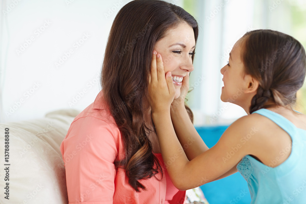 Smile, relax and mother with kid on sofa for bonding, security and connection at family home. Love, happy and girl sitting on lap of mom for childhood advice, conversation or lesson in living room. Smile, relax and mother with kid on sofa for bonding, security and connection at family home. Love, happy and girl sitting on lap of mom for childhood advice, conversation or lesson in living room.