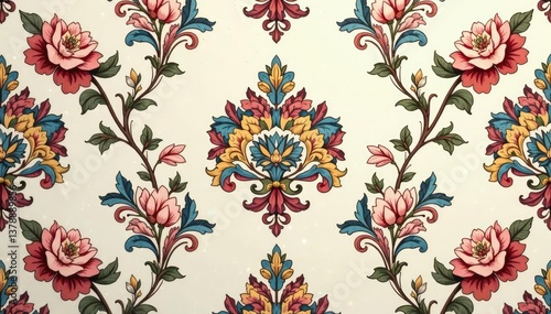 Intricate floral damask pattern in elegant muted tones, muted, design element, elegant