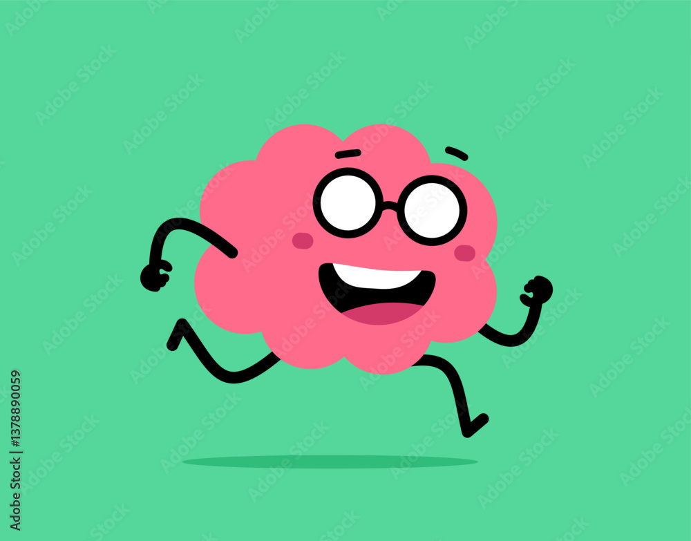 Obraz premium Vector cartoon illustration of cute happy brain character in glasses with open mouth on color background. Flat doodle style design of smile brain fast run forward