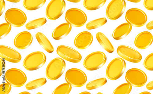 Vector illustration of rain of gold shine coin with different angle on white background. 3d realistic style design of seamless pattern with fly blank golden coin, game chip, money cash symbol