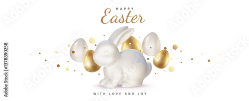 Vector holiday illustration with realistic shine porcelain bunny and golden egg on white background with word Happy Easter. 3d cartoon style easter hunt design with ceramic rabbit and egg