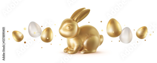 Vector realistic illustration with golden bunny and egg on white background. 3d cartoon style easter hunt design with shiny golden rabbit and egg for holiday banner