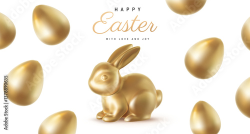 Vector Happy Easter illustration with realistic shine golden egg and bunny on white background. 3d cartoon style pattern easter hunt design with golden rabbit and egg