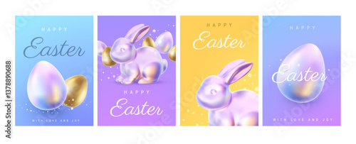Vector set of illustration with realistic shine neon bunny and golden egg on color background with text Happy Easter. 3d cartoon style template design with egg and purple rabbit for easter hunt
