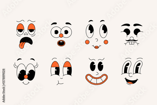 Groovy comic faces. Cartoon characters face collection with different emotions, funky abstract cute psychedelic 70s 80s doodle emoji stickers. Vector retro set