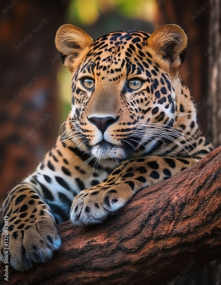 Fototapeta premium Mirada intensa de un leopardo posando en un árbol – Imagen de alta calidad