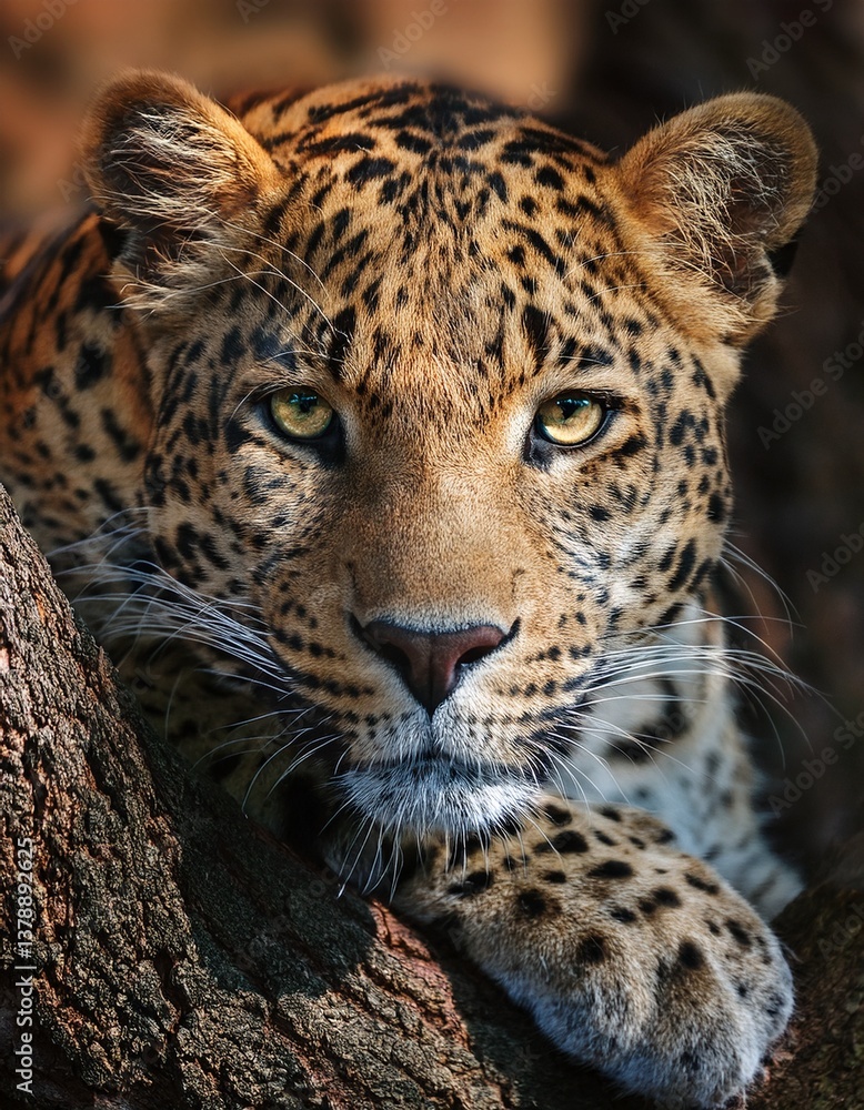 Fototapeta premium Mirada intensa de un leopardo posando en un árbol – Imagen de alta calidad