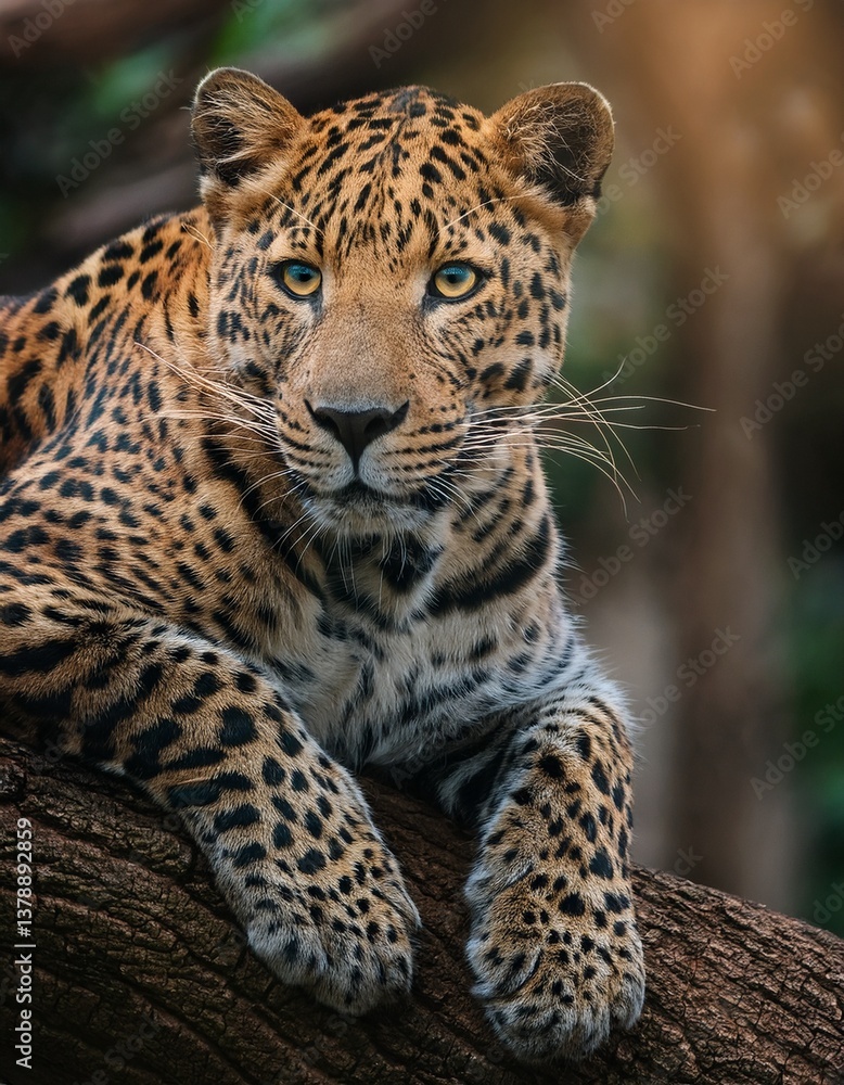 Obraz premium Mirada intensa de un leopardo posando en un árbol – Imagen de alta calidad
