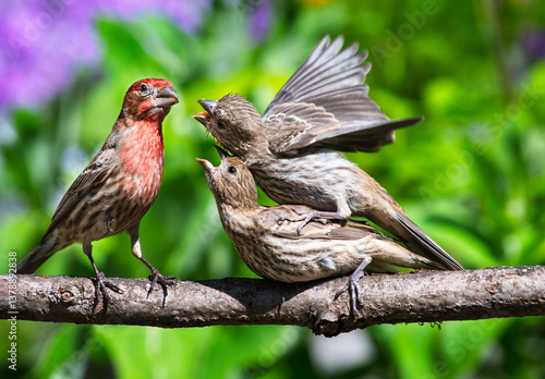 Two hungry fledgling house finches, Haemorhous mexicanus, that have recently left their nest beg food from their male parent