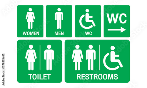 Various public restroom signs for men, women and accessibility