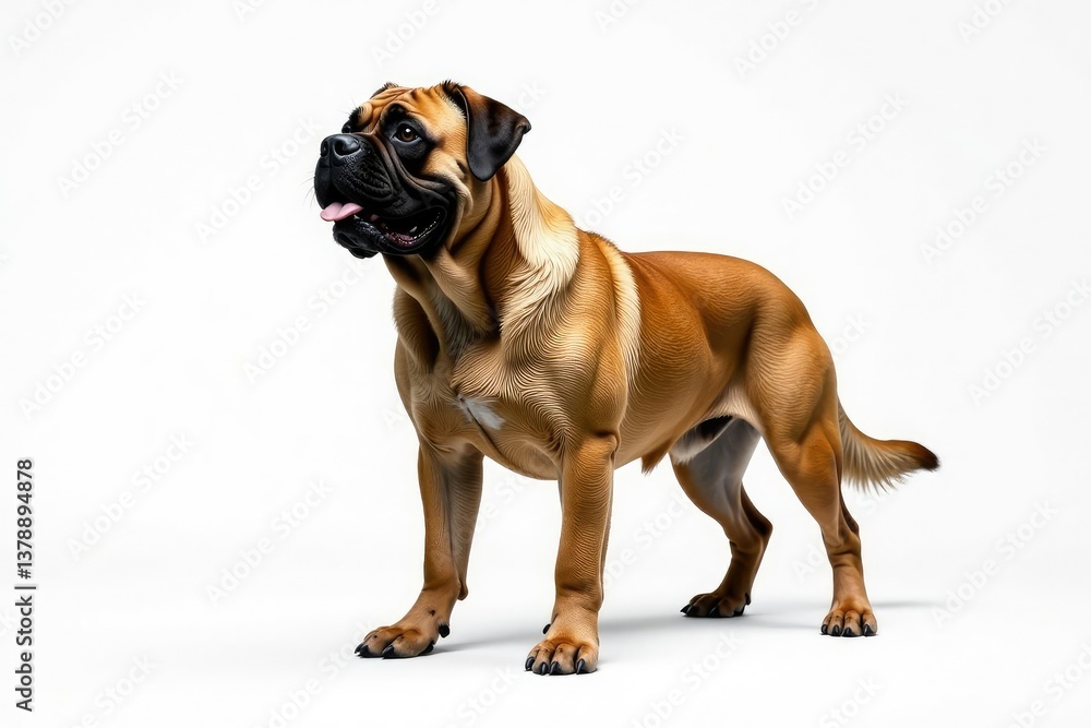 Fototapeta premium Majestic Mastiff, powerful stance, white background, guardian, white, ears