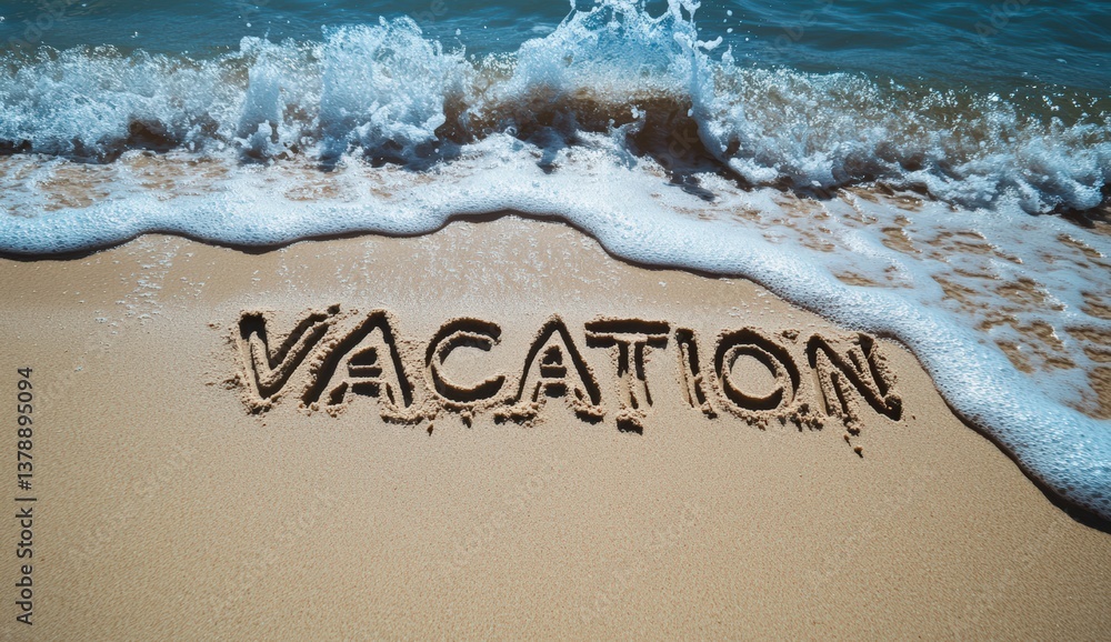Fototapeta premium Relaxing vacation at the beach with the word vacation written in the sand