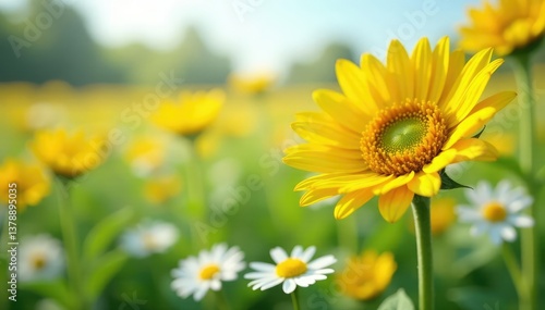 One bright yellow sunflower in a field of white daisies, summer, eye-catching, field
