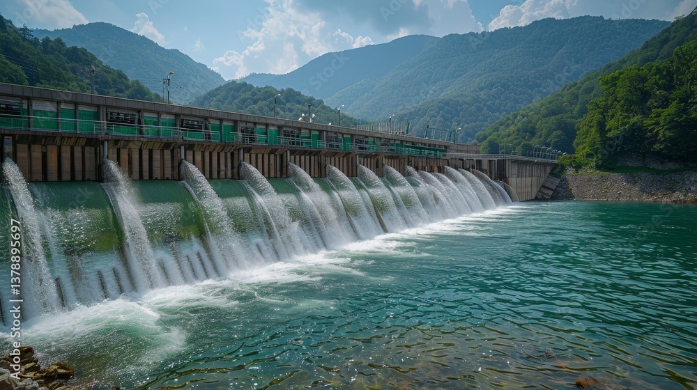 The tranquil views of the Serene River Dam feature flowing water embraced by vibrant, lush greenery all around The tranquil views of the Serene River Dam feature flowing water embraced by vibrant, lush greenery all around