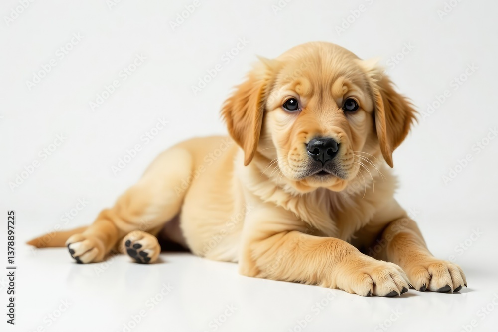 Golden Retriever puppy lies down, white backdrop, golden, mammal Golden Retriever puppy lies down, white backdrop, golden, mammal