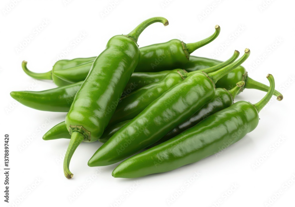 A pile of fresh green hatch chili peppers with stems on a white surface in a close up shot on transparent background A pile of fresh green hatch chili peppers with stems on a white surface in a close up shot on transparent background